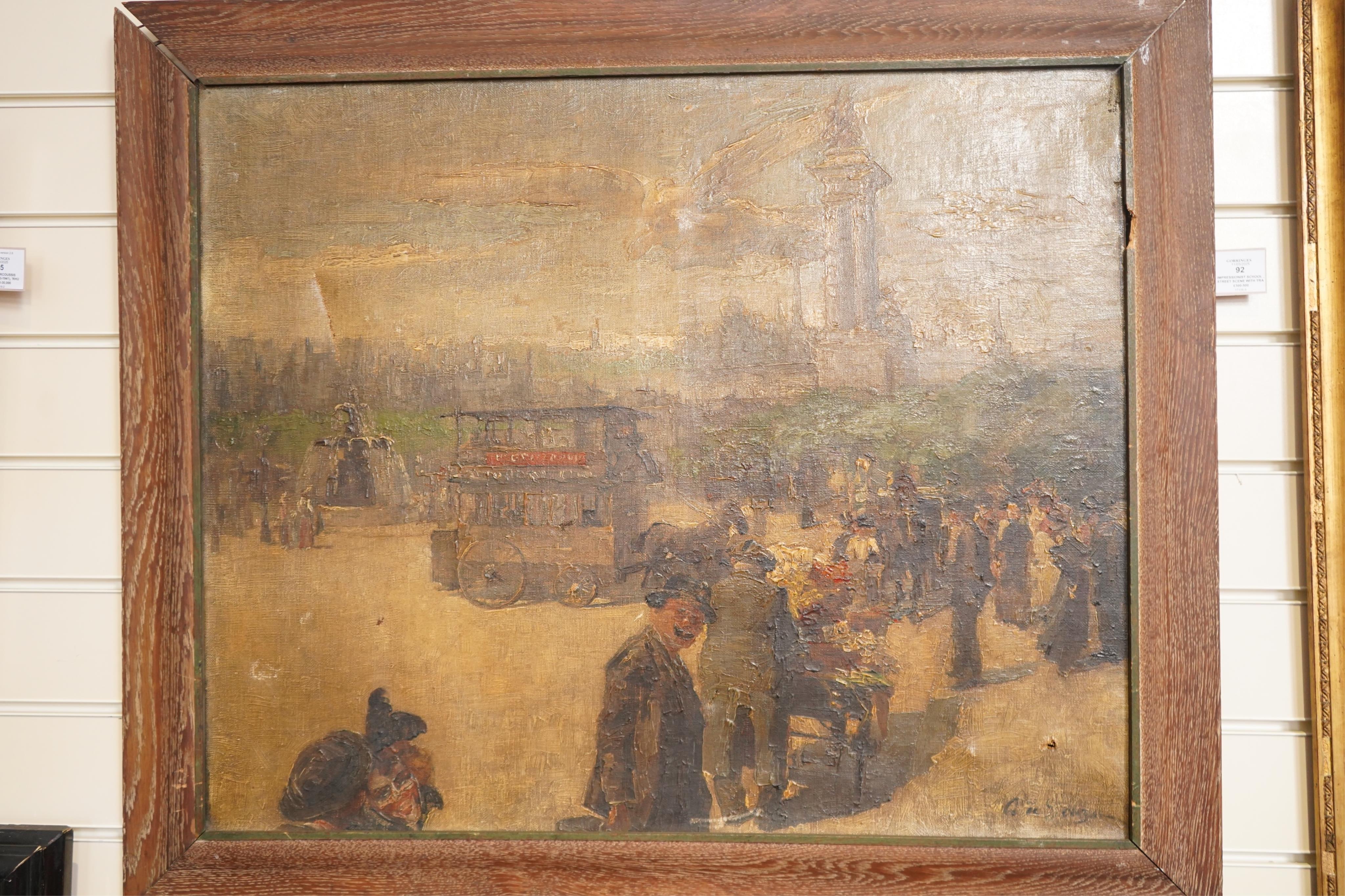 Impressionist School , Street scene with tram, fountain and triumphal arch, oil on canvas, 59 x 72cm